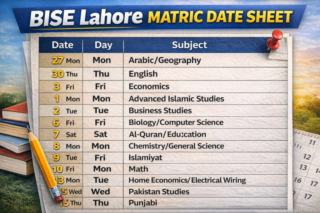 Bise Lahore Matric Date Sheet